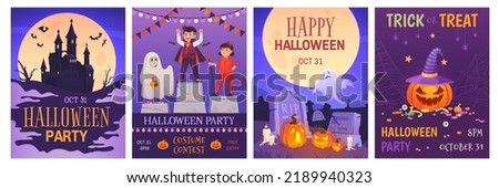 Costume contest posters. Halloween party poster design art, halloweek flyer or invitation card creepy monster pumpkin on horror graveyard background, vector illustration of autumn poster party