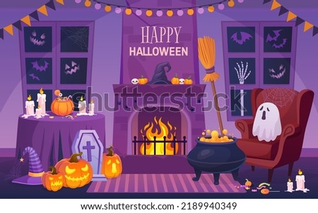Halloween interior. Magic house party celebration indoors scary home, messy room horror object, chair night fireplace candles cartoon vector illustration of house room halloween cartoon scary