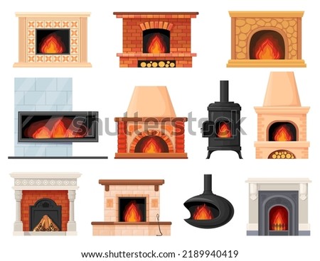 Cartoon fireplaces stoves. Fireplace chimney electric fire wood heat systems, cozy fireside classic decorated home hearth iron stone contemporary heater, neat vector illustration of electric fireplace Royalty-Free Stock Photo #2189940419