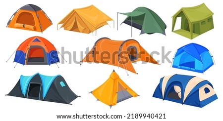 Mountaineering tents. Military and tourist tent for camping or army expedition, temporary shelter on nature landscape fields, campsite canopy dome, vector illustration of camp tent for mountaineering