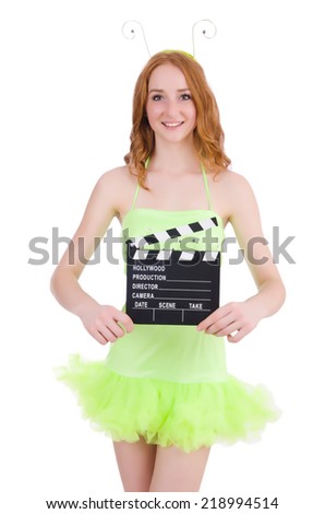 Woman in green dress with movie board