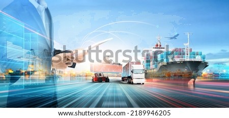 Business and Technology of Logistics Transport Concept, Double Exposure of Businessman using tablet control delivery network distribution import export on world map background, Future Transportation