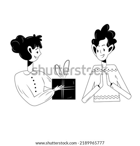 a young woman gives a gift to an excited young man. christmas party presents. holiday celebration black and white outline vector illustration. 
