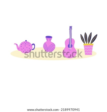 Set of objects that one can  buy second hand: guitar, vase, plant, tea pot. Cute design, flat vector illustration. 