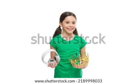 pop princess. queen of music. portrait of cheerful girl isolated on white. happy childhood. small girl choose between crown and headphones. being a super star. best hit list. royalty free music