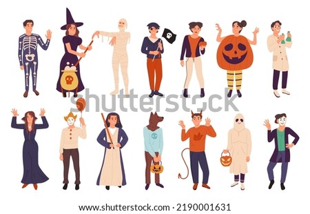 Halloween people wearing masquerade costumes, fall holiday party. Scary Halloween witch, ghost and mummy characters flat vector symbols illustration set. Spooky costume event people