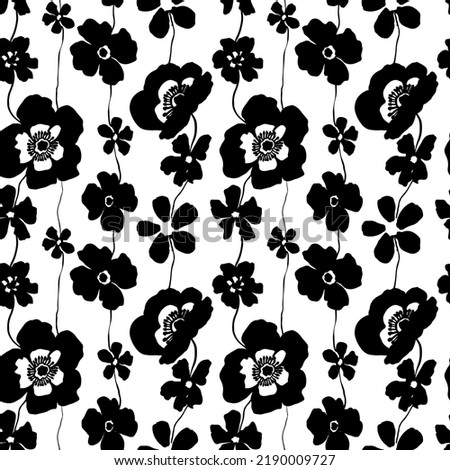 Vector seamless pattern  blooming  flowers  anemone, peony or rose . Flowers Japanese style grunge,  black and white texture.  Monochrome creative botanical wallpaper design