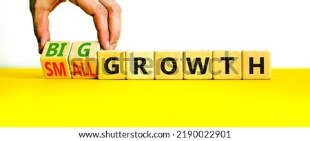 Big or small growth symbol. Businessman turns wooden cubes and changes words Small growth to Big growth. Beautiful yellow table white background, copy space. Business big or small growth concept.