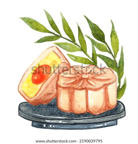 moon cake festival with fern leaf on plate for moon festival in Chinese culture.