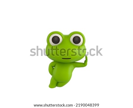 Little Frog character leaning against a wall in 3d rendering.