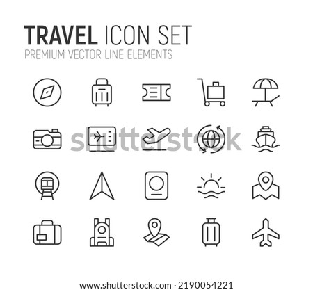 Simple line set of travel icons. Premium quality objects. Vector signs isolated on a white background. Pack of travel pictograms.