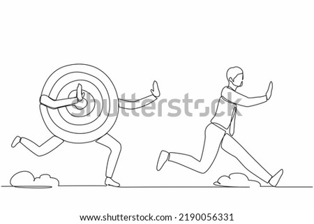 Single continuous line drawing stressed businessman being chased by archery bullseye target. Losing motivation to achieve business goal, advancement in career. One line draw design vector illustration