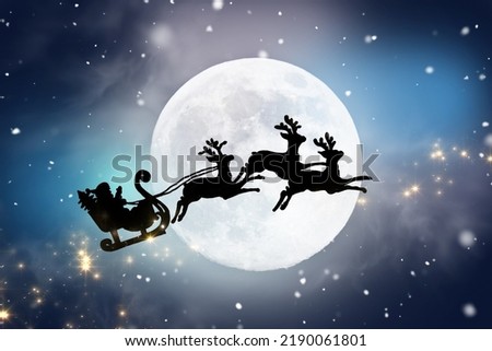 Greeting card with Santa Claus flying across night sky with full moon and stars on sleigh pulled by three reindeer.Santa's black silhouette isolated on magical background.Christmas,New year concept
