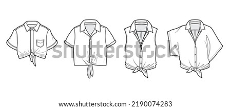 womens blouse flat sketch vector illustration front tie knot shirt blouse technical cad drawing. Royalty-Free Stock Photo #2190074283