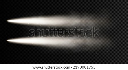 White car headlight beam top view isolated on dark transparent background, smoky or foggy effect. Auto or bus spot lamp flash at night with vapor clouds realistic vector 3d set illustration Royalty-Free Stock Photo #2190081755