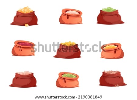 Corn, millet, buckwheat, rice grains and beans in sacks. Vector cartoon set of cereal food, open burlap bags with piles of wheat, peas seeds, groats, legumes isolated on white background Royalty-Free Stock Photo #2190081849