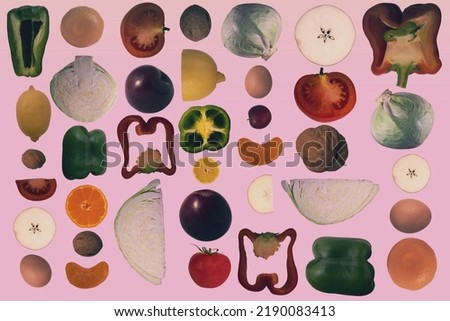 Flat lay composition with fresh ripe vegetables and fruits on color background. 
Flat lay assorted vegan food piece on pink background.