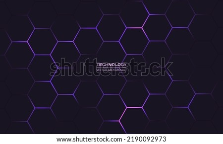 Dark hexagon abstract technology background with purple colored bright flashes under hexagon. Hexagonal gaming vector abstract tech background. Royalty-Free Stock Photo #2190092973