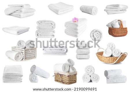 Set of clean soft towels isolated on white Royalty-Free Stock Photo #2190099691
