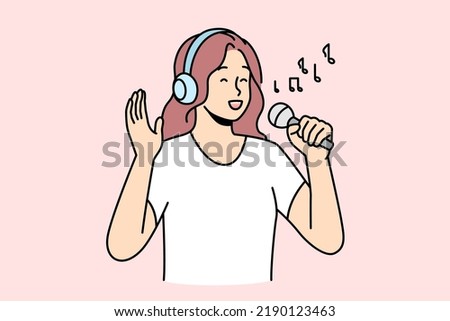 Happy woman in headphones and microphones singing. Smiling girl have fun enjoy karaoke entertainment with mic and earphones. Hobby and music. Vector illustration. 