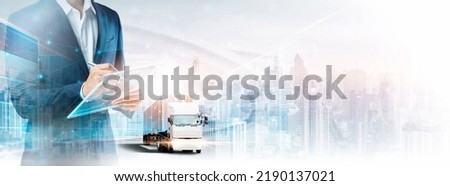 Business and Technology of Logistics Transport Concept, Double Exposure of Business Man using tablet control delivery network distribution import export on city map background, Future Transportation