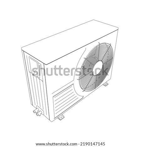 The contour of the air conditioner for cooling the room from black lines isolated on a white background. Isometric view. Vector illustration.