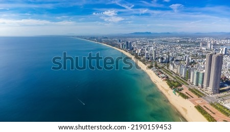 Aerial view of Da Nang beach and Son Tra peninsula which is very famous destination of Viet Nam. Royalty-Free Stock Photo #2190159453