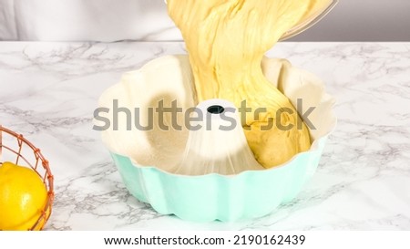 Step by step. Pouring cake batter in bundt cake pan ready for baking. Royalty-Free Stock Photo #2190162439