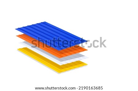 Stack of multicolored corrugated metal sheets with polymer coating for wall and roofing on isolated white background Royalty-Free Stock Photo #2190163685