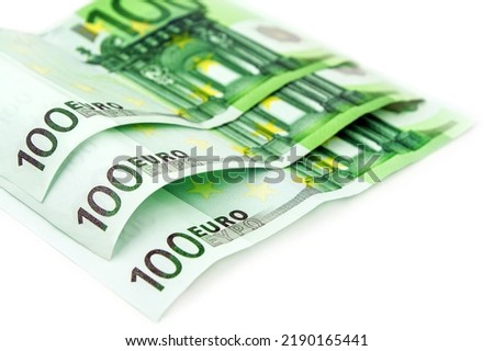 300 Euro banknotes against white background Royalty-Free Stock Photo #2190165441
