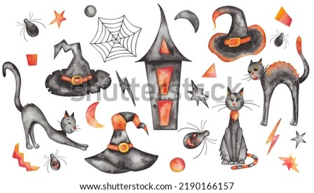 Watercolor illustration of hand painted witch hat of black, orange colors, cats, lantern building, house, insects spiders, cobweb, net. Isolated clip art for Halloween cards, packaging paper, prints