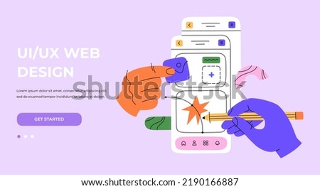 Hands working on creating interfaces for websites and mobile app. UX  UI design and programming web landing page. Hand drawn color vector illustration isolated on background. Flat cartoon style. Royalty-Free Stock Photo #2190166887