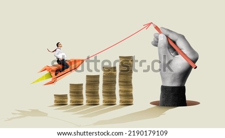 Successful career takeoff. Profitable investment, business concept. Art collage. Royalty-Free Stock Photo #2190179109