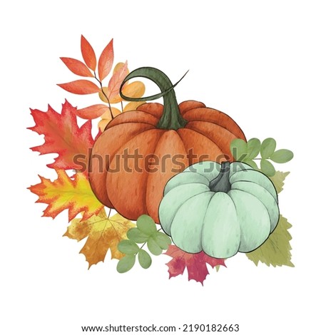 Watercolor pumpkin composition, leaves pumpkin, Halloween clip art, autumn design elements. Vector illustration. Perfect graphic for Thanksgiving day, Halloween, greeting cards, posters, and more. 