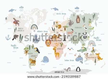 Animals world map for kids wallpaper design