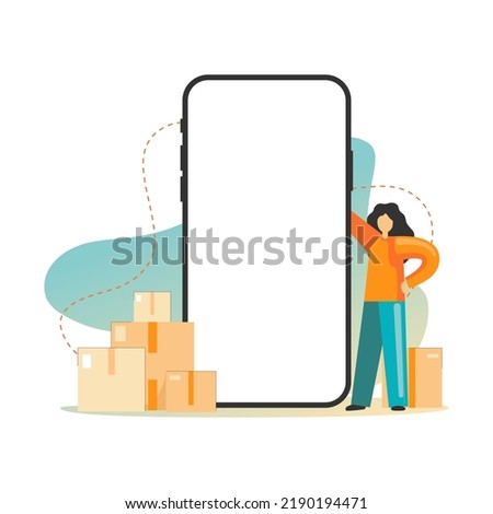 Person with boxes and phone. Delivery package business. Online fast service illustration in flat design
