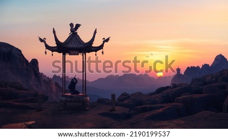 Purple sky landscape with sunset and a ninja inside an eastern Bandstand  (gazebo, pagoda) on the peak of the mountains Royalty-Free Stock Photo #2190199537