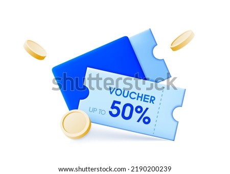 3D coupon, vector gift voucher, yellow discount lucky ticket, special offer promo isolated card, golden coin. Loyalty program certificate, cashback web shopping label, percent sign. 3D coupon clipart Royalty-Free Stock Photo #2190200239