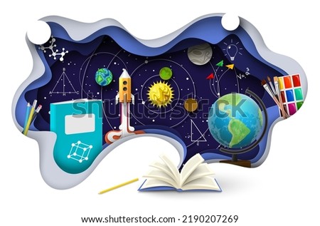 Back to school papercut vector. School supplies flying out of open book over science background layered craft art style illustration. First september card. Knowledge day poster