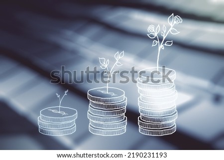 Virtual cash savings sketch on abstract metal background, success and solution concept. Multi exposure