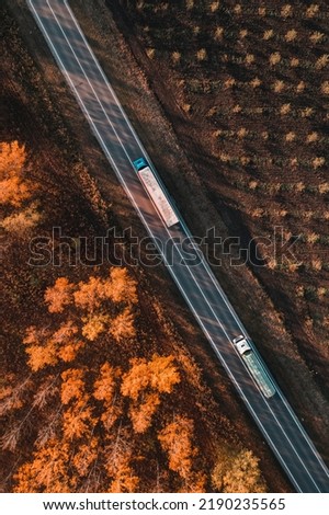 Aerial shot of two trucks on the road through deciduous forest in fall afternoon, drone pov top down view of vehicles on roadway