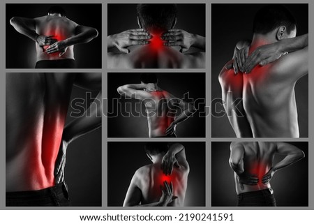 Lumbar and cervical spine hernia, man with joint pain, compression injury of the intervertebral disc, painful area highlighted in red, collage of several photos