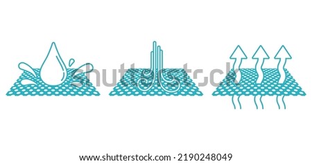 Properties of membrane materials pictograms - wind proof, breathable, waterproof - icons set Royalty-Free Stock Photo #2190248049