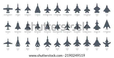 Military aircrafts icon set. Fighters and bombers silhouette on white background. Vector illustration Royalty-Free Stock Photo #2190249519