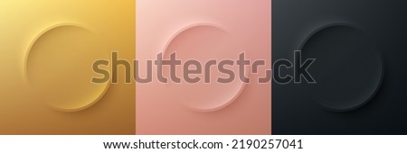 Set of gold, rose gold, black round frame in neumorphism style. Abstract 3D circle backdrop scene for cosmetic product. Collection of luxury geometric soft background with copy space. Top view podium.