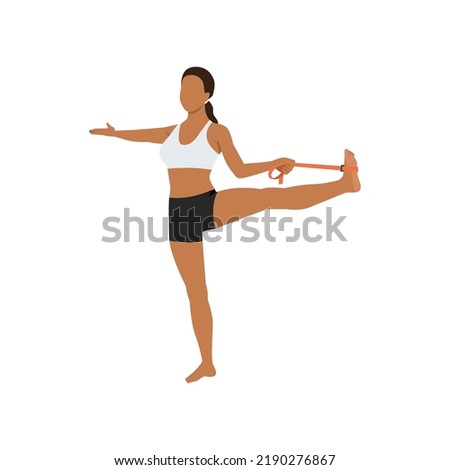 Woman doing extended hand to big toe with elastic band pose utthita hasta padangusthasana exercise. Flat vector illustration isolated on white background