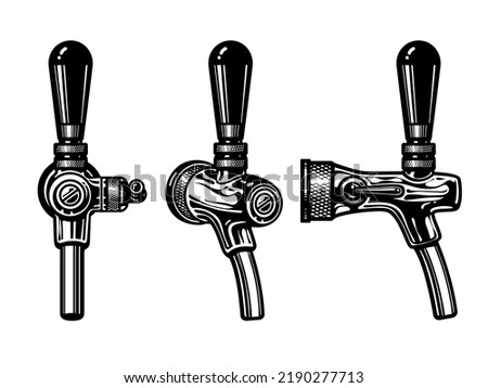 Beer tap front, side and three quarter view. Design element for beer production, brewery, pub or bar. Hand drawn vector illustration isolated on white background.