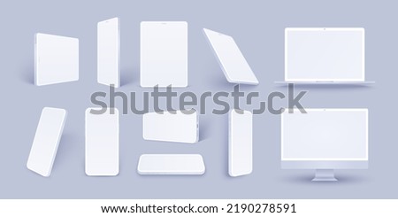 Clay tablet and phone pack in different angles isolated, realistic white laptop and personal computer template. 3D generic device illustration mock up with blank screen for promo or business. Royalty-Free Stock Photo #2190278591