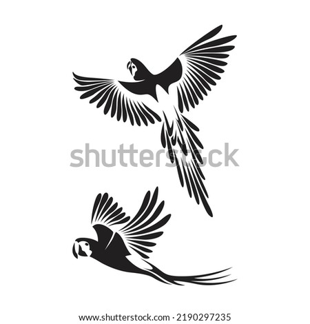 Macaw, Vector flying macaw bird Simple illustration. Parrot silhouette. template. Stamp. Sketch. Ideal for wall design or as a wall. Royalty-Free Stock Photo #2190297235