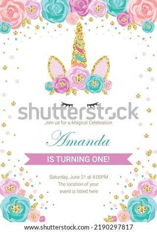  Birthday party invitation with beautiful unicorn surrounded with glitter and flowers. Template vector illustration on pink background. Release clipping mask for full size objects.